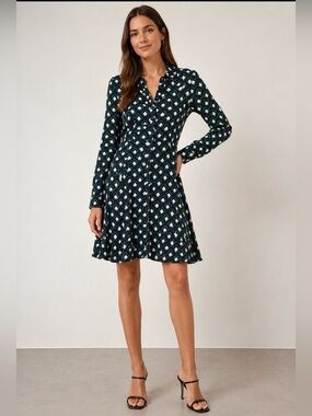 Zara Navy, Cream and Teal Geometric Button-Front Long Sleeve Dress NWOT